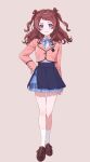  1girl ayumanai blue_eyes brown_hair brown_shoes commentary_request gakuen_idolmaster hanami_saki hand_on_own_hip hatsuboshi_gakuen_school_uniform highres idolmaster jacket long_hair long_sleeves looking_at_viewer pink_jacket ribbon school_uniform shirt shoes simple_background skirt smile socks solo two_side_up white_socks 