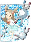  abe_kanari blush bow brown_eyes brown_hair gen_1_pokemon gym_leader hair_ornament long_hair magnemite mikan_(pokemon) pokemon pokemon_(creature) pokemon_(game) pokemon_hgss skirt splashing two_side_up wading water wet 