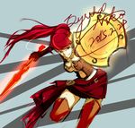  2015 argentate_ragazzo belt black_gloves breastplate buckle character_name dated gloves glowing glowing_weapon gorget greaves green_eyes highres leg_armor long_hair ponytail pyrrha_nikos red_hair rwby sarong shield sketch solo sword weapon xiphos_(sword) 