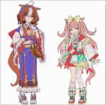  2girls adapted_costume agnes_digital_(full-color_fangirling)_(umamusume) agnes_digital_(umamusume) ahoge animal_ears anklet aqua_kimono arm_at_side asymmetrical_legwear bag bead_anklet beads belt belt_buckle blue_kimono blue_ribbon blue_sash bow bracelet brooch brown_hair buckle carrot_charm clenched_hand collared_kimono commentary_request cross-laced_shoes cross_tie diagonal-striped_clothes dot_nose flipped_bangs footwear_bow frilled_anklet frilled_jacket frilled_kimono frilled_wrist_cuffs frills gem gloves hair_between_eyes hair_bow hair_ribbon hakusai_(tiahszld) hand_up haori heart heart_print high_heel_sneakers high_heels horse_ears horse_girl horse_tail jacket japanese_clothes jewelry kimono kimono_skirt knees_together_feet_apart layered_kimono leg_warmers long_hair long_sleeves looking_at_viewer meisho_doto_(turbulent_blue)_(umamusume) meisho_doto_(umamusume) multicolored_bow multicolored_hair multicolored_kimono multicolored_leg_warmers multicolored_nails multicolored_shoes multiple_bracelets multiple_girls neck_ribbon open_mouth pearl_hair_ornament pigeon-toed pink_hair pink_kimono pink_leg_warmers pink_ribbon pixel_heart purple_ribbon red_belt red_bow red_gem red_ribbon ribbon sash shoes short_hair shoulder_bag single_thighhigh single_wrist_cuff sneakers star_ornament striped_clothes tail thighhighs two-tone_hair two-tone_ribbon two_side_up umamusume white_gloves white_hair white_kimono white_shoes white_thighhighs white_wrist_cuffs wide_sleeves wrist_cuffs wristband yellow_bow yellow_kimono yellow_ribbon yellow_trim 