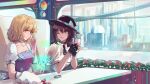  2girls absurdres adapted_costume aili_(aliceandoz) back_bow black_gloves black_ribbon blonde_hair bow breasts brown_eyes brown_hair building chinese_commentary choker city closed_mouth clothing_request collarbone commentary_request dress drink gloves hat highres holding holding_drink holographic_interface indoors looking_at_another maribel_hearn medium_hair multiple_girls neck_ribbon one_eye_closed open_mouth oriental_pearl_tower plant puffy_short_sleeves puffy_sleeves purple_dress purple_eyes purple_nails red_choker ribbon science_fiction second-party_source see-through_clothes see-through_gloves shanghai shanghai_world_financial_center shirt short_hair short_sleeves sitting skyscraper sleeve_cuffs smile strapless strapless_dress table touhou unworn_hat unworn_headwear usami_renko white_bow white_shirt white_sleeves 