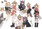  4girls absurdres animal_ears apron arknights baking bare_shoulders bear_girl black_boots black_jacket black_necktie blonde_hair blue_shirt boots breasts brown_hair candy_hair_ornament ceobe_(arknights) chibi chibi_inset cleaver closed_eyes commentary_request cooking cooking_pot cow_girl cow_horns cow_tail cutter_(arknights) dcy11011 dog_girl facepalm food-themed_hair_ornament fox_ears fox_girl frying_pan gummy_(arknights) hair_ornament hair_tie hairclip highres holding holding_knife horns jacket knee_pads knife large_breasts medium_breasts multiple_girls necktie nervous_sweating open_mouth oven purple_hair red_eyes red_shirt shirt sideroca_(arknights) smile socks sweat tail thigh_strap thighs topknot white_apron white_background white_socks yellow_eyes 