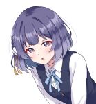  1girl aqua_skirt black_overskirt black_pantyhose black_vest blue_hair blue_ribbon blue_skirt blunt_bangs blush bob_cut braid collared_shirt commentary_request dress_shirt flower gakuen_idolmaster gradient_hair hair_flower hair_ornament hataya_misuzu hatsuboshi_gakuen_school_uniform highres idolmaster light_smile looking_at_viewer mole mole_under_mouth multicolored_hair neck_ribbon open_mouth pantyhose purple_eyes purple_hair ribbon school_uniform shinouzip shirt short_hair side_braid simple_background skirt solo upper_body vest white_background white_flower white_shirt 