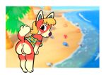  2023 animal_crossing anthro audie_(animal_crossing) blonde_hair border bottomwear butt canid canine canis chibi clothing dress female fluffy food_print fruit_print fur genitals hair mammal nintendo nude peachy_bat pineapple_print plant_print presenting presenting_hindquarters raised_tail red_wolf scenery solo tail tail_fluff teal_clothing teal_dress vulva white_border wolf 