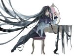  1girl akemi_homura akemi_homura_(magical_girl) black_boots black_hair boots capelet chinese_commentary commentary_request expressionless full_body grey_eyes haiou_bie_gou_jiao_le hair_spread_out hairband holding holding_scissors jacket long_hair mahou_shoujo_madoka_magica mahou_shoujo_madoka_magica_(anime) purple_capelet purple_skirt red_hairband scissors simple_background sitting skirt solo soul_gem stool thigh_boots very_long_hair white_background white_jacket 