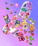  4boys 5girls animal_crossing ankha_(animal_crossing) apple artist_name bee bob_(animal_crossing) bug butterfly butterfly_net cat_boy cat_girl chair chef cherry commentary daisy_mae_(animal_crossing) dog_boy dog_girl dress english_commentary flick_(animal_crossing) floral_dress food food_on_head fossil froggy_chair fruit gradient_background hand_net highres holding holding_butterfly_net holding_leaf isabelle_(animal_crossing) k.k._slider_(animal_crossing) leaf leaf_umbrella marina_(animal_crossing) merengue_(animal_crossing) money_bag multiple_boys multiple_girls nervous_sweating nose_bubble object_on_head octopus orange_(fruit) orange_fur peach pig_girl pill pink_dress pink_skirt polka_dot polka_dot_dress purple_fur raymond_(animal_crossing) reptile_boy rhinoceros_girl shiba_inu skirt strawberry suit sweat turnip white_dress wizaria 