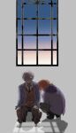  2boys absurdres black_pants black_shoes blue_hoodie blue_jacket closed_eyes closed_mouth collared_shirt commentary_request ensemble_stars! from_behind green_necktie grey_background grey_hair highres hood hoodie jacket multiple_boys necktie open_clothes open_jacket orange_hair pants ponytail school_uniform sena_izumi_(ensemble_stars!) shadow shirt shoes short_hair side_ponytail sitting tsukinaga_leo vest white_shirt window yumenosaki_school_uniform yumu1059 