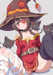  1girl absurdres animal_collar animal_on_leg animal_on_shoulder arm_support bandaged_leg bandages bare_shoulders belt black_belt black_collar black_hair black_hat black_panties black_thighhighs blush brown_belt cat choker chomusuke closed_mouth collar collarbone dress dutch_angle eggman_(ni_tamagoex) eyepatch flying_sweatdrops gradient_background grey_background hat heart highres kono_subarashii_sekai_ni_shukufuku_wo! leaning_back long_sleeves looking_at_viewer loose_bandages loose_thighhigh m_legs megumin microdress off-shoulder_dress off_shoulder panties pantyshot red_dress red_eyes shadow short_hair_with_long_locks simple_background single_thighhigh sitting spread_legs sweatdrop thighhighs underwear white_background witch_hat 