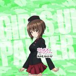  1girl artist_request brown_eyes brown_hair copyright_name dress_shirt garrison_cap girls_und_panzer hat highres jacket military military_uniform miniskirt nishizumi_maho official_art pleated_skirt red_shirt red_skirt shirt short_hair skirt solo standing uniform 