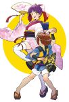  1boy 1girl back_bow black_eyes blue_bow blue_kimono blue_sash bow brown_hair chanchanko_(clothes) choker closed_mouth commentary fang floral_print floral_print_kimono folding_fan full_body gegege_no_kitarou geta gradient_clothes gradient_kimono hair_bow hair_bun hair_over_one_eye hand_fan hand_up highres holding holding_fan holding_hands japanese_clothes kimono kitarou legs_apart looking_at_viewer nejiri_hachimaki nekomusume nekomusume_(gegege_no_kitarou_6) obi obiage obijime okobo one_eye_covered open_mouth pink_bow pink_kimono platform_sandals pointy_ears print_bow print_fan print_kimono purple_hair purple_sash red_bow red_choker sandals sash short_hair short_kimono shorts silanduqiaocui smile standing standing_on_one_leg stirrup_legwear tassel thighhighs toeless_legwear untranslatable_commentary white_background white_shorts white_thighhighs wide_sleeves wristband yellow_eyes 