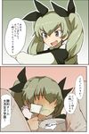  2koma anchovy anzio_school_uniform blush comic commentary_request drill_hair flag full-face_blush girls_und_panzer green_hair hair_ribbon instant_loss_2koma long_hair military open_mouth ribbon school_uniform solo translation_request twin_drills twintails white_flag yamaioni_(sasakama) 