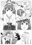  2girls ahoge american_flag anger_vein bald_eagle bird blush comic commentary contact_lens copying detached_sleeves directional_arrow eagle english explosion face-to-face fikkyun food frown hamburger hand_on_hip highres iowa_(kantai_collection) kantai_collection kongou_(kantai_collection) left-to-right_manga looking_at_another monochrome multiple_girls open_mouth smile star star-shaped_pupils symbol-shaped_pupils 
