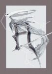  2_horns ambiguous_gender anthro arthropod biped black_body cloak cloak_only clothing delusion_lepton digital_drawing_(artwork) digital_media_(artwork) geometric_background hi_res holding_object holding_weapon horn humanoid_hands insect long_legs long_neck nail_(weapon) pure_vessel_(hollow_knight) segmented_body shaded side_view simple_background skinny_ambiguous skinny_anthro solo weapon white_head 