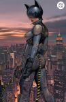  1girl absolute_batman absolute_dc animal_ear_helmet animal_helmet assault_rifle black_gloves black_hair bodysuit breasts cat_helmet catsuit catwoman_(absolute_dc) city city_lights cityscape cloud cloudy_sky covered_eyes cowboy_shot dc_comics from_behind gloves gun helmet helmet_over_eyes highres holding holding_weapon ivan_talavera looking_at_viewer looking_back mechanical_tail medium_breasts multicolored_suit on_rooftop outdoors parted_lips reflective_clothes reflective_mask reflective_weapon rifle signature sky solo tail textless_version twilight weapon western_comics_(style) 