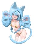 1girl alternate_costume animal_hands bikini blue_eyes blue_hair blue_hoodie cat_tail gloves gold_bikini highres hood hoodie indie_virtual_youtuber kanzarin_(vtuber) long_sleeves looking_at_viewer medium_hair navel open_mouth paw_gloves simple_background smile solo standing swimsuit tail thighhighs white_background white_thighhighs zenmakun 