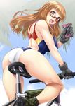  alternate_costume ass ayato back back_cutout bangs bicycle black_gloves blue_sky blunt_bangs blush boots breasts brown_eyes brown_hair camouflage cloud competition_swimsuit covered_nipples day eyelashes from_behind girls_und_panzer glasses gloves ground_vehicle highres holding kneepits large_breasts long_hair looking_at_viewer looking_back one-piece_swimsuit open_mouth outdoors palm_tree red-framed_eyewear riding semi-rimless_eyewear sitting sky solo swimsuit takebe_saori tongue tree under-rim_eyewear 