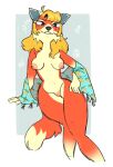  2023 abstract_background animal_crossing anthro audie_(animal_crossing) blonde_hair breasts female fluffy food_print fruit_print fur genitals hair hi_res nintendo nipples nude peachy_bat pineapple_print plant_print simple_background solo tail tail_fluff vulva white_background 