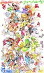 6+boys 6+girls aipom bag black_hair blonde_hair boots brown_hair bulbasaur character_request chatot chikorita closed_eyes commentary_request cyndaquil ethan_(pokemon) fingerless_gloves glasses gloves green_eyes green_hair hat highres holding holding_poke_ball kecleon kougo_haruka kris_(pokemon) latias latios may_(pokemon) mudkip multiple_boys multiple_girls one_eye_closed open_mouth orange_hair painting_(medium) pink_boots piplup poke_ball poke_ball_(basic) pokedex pokemon pokemon_(creature) pokemon_adventures purple_hair red_hair satchel scarf shorts silver_(pokemon) skateboard smile tongue tongue_out traditional_media turtwig watercolor_(medium) yellow_(pokemon) 