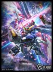  absurdres asteroid black_border border commentary_request company_name copyright_logo copyright_notice destiny_gundam energy_sword energy_wings flying force_impulse_gundam glowing glowing_eyes green_eyes gundam gundam_card_game gundam_seed gundam_seed_destiny highres holding holding_sword holding_weapon impulse_gundam lens_flare light_particles logo mecha mecha_focus mobile_suit no_humans official_art raruru robot science_fiction shield solo_focus space sunrise_(company) sword v-fin weapon 