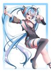  1girl :d ahoge asymmetrical_legwear belt_collar bikini black_bikini black_boots black_jacket black_sleeves blue_eyes blue_hair blue_trim blush boots breasts collar collarbone commentary commentary_request criss-cross_halter detached_sleeves front-tie_bikini_top front-tie_top hair_between_eyes hair_intakes halterneck hatsune_miku highres holding holding_microphone hood hood_down hooded_jacket jacket long_hair long_sleeves looking_at_viewer microphone nail_polish nishi_snails no_pants open_mouth outstretched_arm partially_unzipped pink_nails sidelocks simple_background sleeveless small_breasts smile solo swimsuit thigh_boots thigh_strap twintails twitter_username very_long_hair vocaloid white_background 