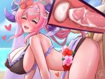  1boy 1girl breasts ciderwrath coat cum fire_emblem fire_emblem_heroes goat_horns grabbing_another's_hair heart heart-shaped_pupils holding_another's_hair horns internal_cumshot kiran_(fire_emblem) large_breasts long_hair looking_at_viewer nerthuz_(fire_emblem) nerthuz_(summer)_(fire_emblem) one_eye_closed open_clothes open_coat open_mouth pink_hair ponytail purple_eyes sex sex_from_behind smile swimsuit symbol-shaped_pupils white_coat 