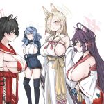  4girls absurdres ako_(blue_archive) animal_ear_fluff animal_ears bell black_hair black_skirt black_thighhighs blonde_hair blue_archive blue_eyes blue_hair blue_halo blue_jacket breasts closed_mouth commentary_request detached_sleeves fox_ears fox_girl hair_over_one_eye halo highres huge_breasts jacket japanese_clothes kaede_(blue_archive) kaho_(blue_archive) kimono large_breasts long_hair miniskirt mole mole_under_mouth multiple_girls nanashi_(pixiv_98920795) neck_bell open_mouth panda_ears panda_girl pencil_skirt pink_halo purple_hair red_skirt red_sleeves shirt short_hair sideboob single_breast_curtain skirt thighhighs tsubaki_(blue_archive) underboob very_long_hair white_kimono white_shirt yellow_eyes yellow_halo 