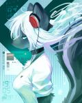  1girl abstract_background absurdres animal_ears animal_nose belt_collar black_fur body_fur breasts bright_pupils collar commentary english_text floating_hair flock from_side furry furry_female headphones highres media_player_interface original profile short_sleeves skunk_ears skunk_girl skunk_tail swiwwel untranslatable_commentary whiskers white_fur white_hair 