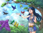  1girl belt bird black_bird blue_bird blue_hair blue_jacket blue_skirt blue_wrist_cuffs brown_eyes collared_jacket day gold_belt green_bird highres hold111 idolmaster idolmaster_(classic) jacket kisaragi_chihaya long_hair luxury_(idolmaster) midriff navel official_alternate_costume open_mouth orange_bird outdoors pink_bird purple_bird red_bird singing skirt sleeveless sleeveless_jacket smile solo standing tree white_bird wrist_cuffs yellow_bird 