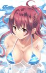  bikini blue_bikini blush breasts cleavage collarbone commentary_request ishizu_kayu large_breasts long_hair looking_at_viewer original partially_submerged ponytail red_eyes red_hair solo striped striped_bikini swimsuit upper_body 