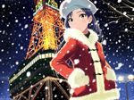  araragi_yuuichi blue_hair brown_eyes hat idolmaster idolmaster_(classic) kisaragi_chihaya long_hair looking_at_viewer snowing solo tokyo_tower 