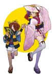  1boy 1girl back_bow black_eyes blue_bow blue_kimono blue_sash bow brown_hair chanchanko_(clothes) choker closed_mouth commentary eye_contact fang floral_print floral_print_kimono folding_fan full_body gegege_no_kitarou geta gradient_clothes gradient_kimono hair_bow hair_bun hair_over_one_eye hand_fan hands_up highres holding holding_fan holding_hands japanese_clothes kimono kitarou looking_at_another looking_to_the_side nejiri_hachimaki nekomusume nekomusume_(gegege_no_kitarou_6) obi obiage obijime okobo one_eye_covered pink_bow pink_kimono platform_sandals pointy_ears print_bow print_fan print_kimono purple_hair purple_sash red_bow red_choker sandals sash short_hair short_kimono shorts silanduqiaocui smile standing standing_on_one_leg stirrup_legwear tassel thighhighs toeless_legwear untranslatable_commentary white_background white_shorts white_thighhighs wide_sleeves wristband yellow_eyes 