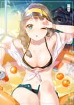 ;o aqua_eyes areola_slip areolae bad_id bad_pixiv_id bangle bikini bikini_under_clothes black_bikini blurry bracelet braid breasts brown_hair can cleavage cosmetics depth_of_field food front-tie_top fruit furururu green_eyes hair_over_shoulder hand_to_forehead highres holding holding_can jewelry long_hair looking_at_viewer makeup_brush medium_breasts mirror moe2016 one_eye_closed open_fly orange original see-through shelf shirt shorts single_braid sitting solo sunlight swimsuit tied_shirt unbuttoned viewfinder visor_cap wading_pool water wet wet_clothes white_shirt 