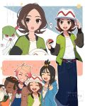  2boys 2girls :d :o belt black_hair blue_hoodie blue_shirt brown_belt brown_eyes brown_hair brown_jacket choker closed_eyes commentary_request dark-skinned_male dark_skin green_jacket green_necktie grin hand_on_headwear harmony_(pokemon) hat highres holding holding_poke_ball hood hoodie jacket kirlia lida_(pokemon) multiple_boys multiple_girls naveen_(pokemon) necktie open_clothes open_jacket open_mouth orange_vest pants poke_ball poke_ball_(basic) pokemon pokemon_(creature) pokemon_legends:_z-a shirt smile sweatdrop teeth toi_(nisanrei121) topknot twintails upper_teeth_only urbain_(pokemon) vest white_hat white_jacket white_shirt zipper_pull_tab 