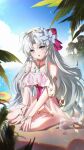  1girl absurdres ahoge aqua_eyes bare_shoulders blue_sky bow carlotta_(splashing_summer)_(wuthering_waves) carlotta_(wuthering_waves) chinese_commentary chromatic_aberration commentary_request day grey_hair hair_bow highres liangji_uu long_hair looking_at_viewer official_alternate_costume one-piece_swimsuit open_mouth outdoors pink_bow pink_one-piece_swimsuit sitting sky solo swimsuit wariza wuthering_waves 