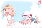  :d arms_up barefoot beret black_ribbon blonde_hair blue_sky blush chibi cloud commentary_request dated day faceplant falling hair_ribbon harusame_(kantai_collection) hat highres innertube kanon_(kurogane_knights) kantai_collection long_hair multiple_girls one-piece_swimsuit open_hands open_mouth pink_hair ribbon running side_ponytail sky smile straight_hair swimsuit white_swimsuit wide_face yuudachi_(kantai_collection) |_| 