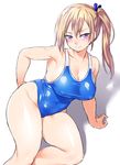  bikini blonde_hair blush breasts competition_swimsuit curvy hair_ribbon kawakami_mai large_breasts musaigen_no_phantom_world one-piece_swimsuit onsoku_maru purple_eyes ribbon school_swimsuit side_ponytail solo swimsuit thick_thighs thighs 