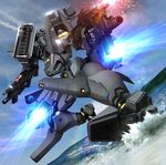  assault_rifle dual_wielding emblem exhaust f-18_hornet_(muvluv) firing glowing glowing_eyes gun hiropon_(tasogare_no_puu) holding mecha missile missile_pod missiles muvluv muvluv_alternative no_humans photo_background rainbow rifle smoke_trail splashing water weapon 