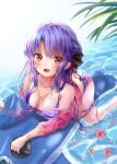  1girl :d alternate_costume bare_shoulders barefoot bikini black_bow blue_bikini blush bow bracelet braid breasts cherry_blossoms cleavage collarbone commentary_request crown_braid day flower flower_on_liquid foot_out_of_frame hair_bow hair_bun hair_over_shoulder hair_ribbon inflatable_dolphin inflatable_toy jewelry kurage_(kurage19) large_breasts long_sleeves lying on_stomach open_clothes open_mouth open_shirt outdoors pink_shirt red_eyes red_flower red_ribbon ribbon shirt shirt_partially_removed sidelighting sidelocks single_hair_bun smile solo sorakado_ao striped_bikini striped_clothes summer_pockets swimsuit thigh_strap water wet 