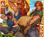  1girl artist_name barn belt birdhouse blue_sky blue_tank_top cabbage chibi closed_eyes cloud cloudy_sky commentary denim english_commentary farming flannel freckles gardening gloves green_gloves green_shirt heart highres holding holding_sack jeans leah_(stardew_valley) muscular muscular_female open_mouth orange_hair pants pixel_art ponytail portrait purple_eyes sack screentones shirt sky smile solo squatting stardew_valley suspenders sweat tank_top tying_hair umikochannart 