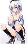  bad_id bad_twitter_id bare_shoulders beret black_legwear blue_eyes blush breasts employee_uniform hat kantai_collection kashima_(kantai_collection) kneehighs large_breasts lawson mimura_zaja miniskirt nipples panties shoes short_hair silver_hair simple_background skirt smile solo squatting twintails underwear uniform unzipped wavy_hair white_background white_panties 