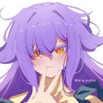  1girl alternate_costume artist_name colored_eyelashes commentary english_commentary hair_intakes hand_up highres honkai_(series) honkai_impact_3rd light_blush long_hair looking_at_viewer messy_hair multicolored_hair purple_hair rainylane shadow sidelocks simple_background sirin streaked_hair symbol-shaped_pupils turtleneck twitter_username upper_body white_background yellow_eyes 
