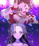  2girls black_hair blonde_hair blush brown_eyes brown_hair choker highres holding holding_microphone jacket kamisaki_hikaru long_hair medalist_(manga) microphone multiple_girls one_eye_closed open_mouth pansy08099101 parted_lips salute short_hair sparkle sweatdrop tank_top teeth upper_teeth_only white_tank_top yuitsuka_inori yuri 