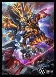  absurdres arm_mounted_weapon asteroid battle beam_rifle black_border border commentary_request company_name copyright_logo copyright_notice energy_gun glowing glowing_eyes gun gundam gundam_card_game gundam_unicorn highres holding holding_gun holding_weapon light_particles logo mecha mecha_focus mobile_suit no_humans nt-d official_art raruru red_eyes robot science_fiction solo_focus space sunrise_(company) unicorn_gundam unicorn_gundam_banshee v-fin weapon 
