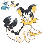  1:1 4_toes ambiguous_gender arm_frill black_body black_eyes black_fur chest_tuft dorsal_frill eeveelution emolga fangs feet feral frill_(anatomy) fur fusion generation_1_pokemon generation_5_pokemon glistening glistening_eyes hi_res hybrid_pokemon izzy-paw neck_frill nintendo open_mouth pawpads paws pokemon pokemon_(species) quadruped raised_arm reference_image reference_inset simple_background sitting snout solo spots tail tapering_tail teeth toes tuft vaporeon white_background white_body white_fur white_sclera yellow_body yellow_cheeks yellow_mouth yellow_pawpads yellow_spots 