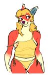  2023 animal_crossing anthro audie_(animal_crossing) bikini bikini_bottom blonde_hair blush breasts canid canine canis clothing female fur hair hi_res looking_aside mammal nintendo nipple_slip nipples nude peachy_bat purple_nose red_wolf shirt simple_background solo swimwear tank_top topwear two-piece_swimsuit wardrobe_malfunction white_background wolf yellow_bikini_bottom yellow_clothing yellow_shirt yellow_tank_top yellow_topwear 