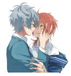  2boys bandaid bandaid_on_hand bite_mark biting blue_eyes blue_hoodie collared_shirt commentary_request ensemble_stars! green_eyes grey_hair hand_on_another's_face hood hooded_jacket hoodie jacket long_sleeves looking_at_another mimimi_(echonolog) multiple_boys orange_hair ponytail school_uniform sena_izumi_(ensemble_stars!) shirt short_hair side_ponytail tearing_up tears tsukinaga_leo white_background white_shirt yumenosaki_school_uniform 