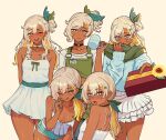  5girls apron bite_mark bite_mark_on_neck black_choker blonde_hair blue_sweater blush bow breasts choker cleavage commentary cup dark-skinned_female dark_skin dress earrings english_commentary fangs feet_out_of_frame flower frilled_skirt frills gift ginotty green_apron green_bow green_scarf green_shorts hair_between_eyes hair_ornament hairclip hand_on_own_face highres holding holding_cup holding_gift id-card jewelry leaf leaning_forward long_hair long_sleeves looking_at_viewer medium_breasts medium_dress micro_shorts mira_(ginotty) multiple_girls one_eye_closed open_mouth original ponytail scarf shirt shorts side_ponytail simple_background skirt smile spaghetti_strap star-shaped_pupils star_(symbol) sundress sunflower sweater symbol-shaped_pupils thighs tonue white_background white_choker white_dress white_flower white_shirt white_skirt white_sweater 