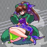  1girl blue_bow blue_dress blue_nails blue_shoes bow breasts brown_hair china_dress chinese_clothes commentary_request dress full_body fur-trimmed_collar fur_sleeves fur_trim hair_bow high_heels kuonji_ukyou long_hair looking_at_viewer ranma_1/2 seigaiha shoes side_slit smile solo twitter_username wanta_(futoshi) 