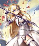  absurdres armor armored_dress bare_shoulders blonde_hair blue_eyes blush breasts chain commentary cowter detached_sleeves fate/apocrypha fate/grand_order fate_(series) gauntlets headpiece highres jeanne_d'arc_(fate) jeanne_d'arc_(fate)_(all) long_hair looking_at_viewer medium_breasts petals solo thighhighs white_legwear yuuko_takega 