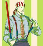  alternate_costume bandana billy_kane blonde_hair blue_eyes fatal_fury formal hand_in_pocket male_focus necktie pants red_neckwear shirt solo staff striped striped_neckwear suit suspenders the_king_of_fighters yk 